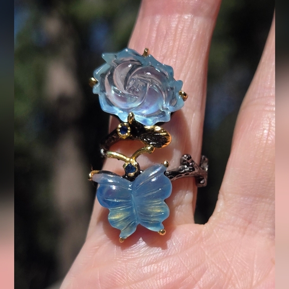 Aquamarine Butterfly & Flower Sterling Rhodium & Gold Ring Sz9 Adjustable - Picture 2 of 13
